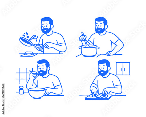 man cooking doodle cartoon drawing vector illustration set with Varied Poses and Expressions
