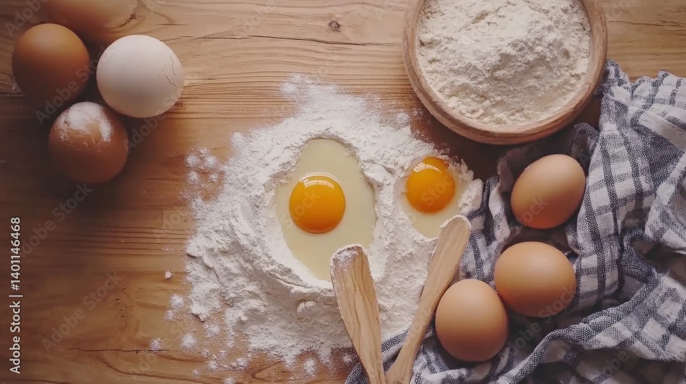 Fresh Ingredients for Baking: A Flat Lay of Eggs, Flour, and Kitchen Utensils on a Rustic Wooden Surface with a Checkered Cloth Fresh Ingredients for Baking: A Flat Lay of Eggs, Flour, and Kitchen Utensils on a Rustic Wooden Surface with a Checkered Cloth