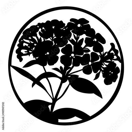 Clustered flower silhouette within circular frame- Black and white decorative illustration of blooming flower clusters with leaves and stems, enclosed inside a round ornamental border