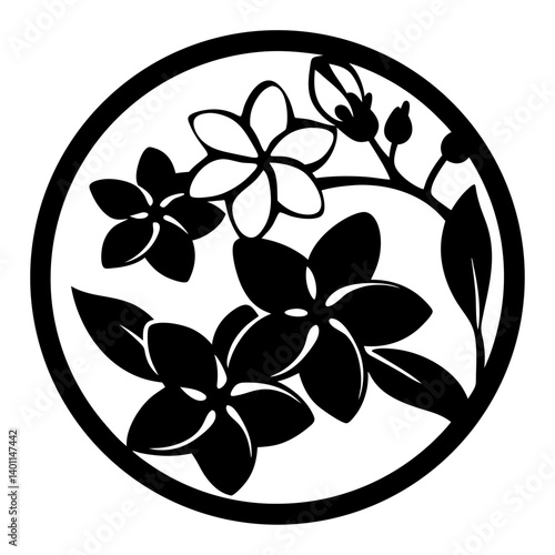 Floral branch silhouette design in circular frame- Black and white ornamental illustration of blooming flowers, leaves, and buds arranged on a branch inside a decorative circular border
