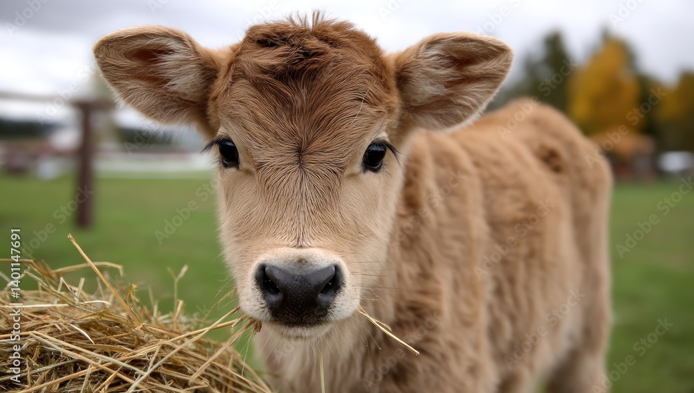 Calf eating hay outside with fence and trees, farm, agriculture advertising Calf eating hay outside with fence and trees, farm, agriculture advertising