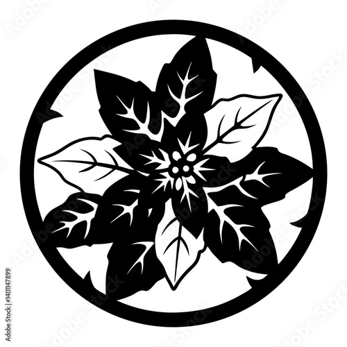 Round silhouette of poinsettia flower design- Black and white circular illustration featuring a single poinsettia bloom with detailed leaves, styled as a bold festive silhouette