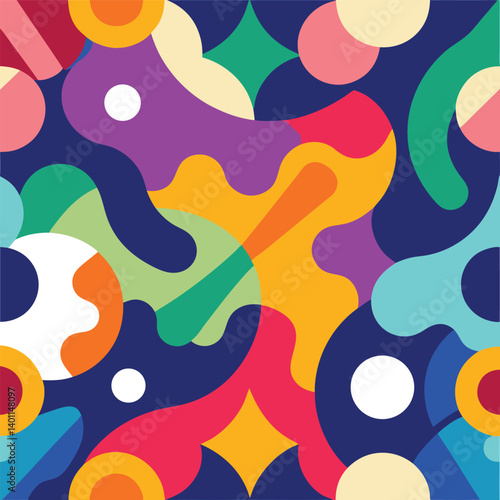 Retro geometric seamless pattern design with colorful circles and shapes