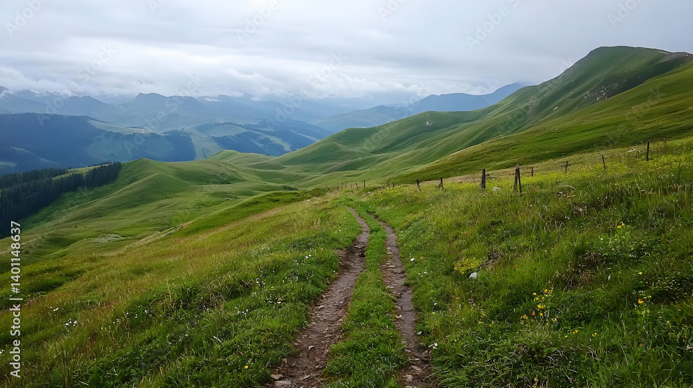 Obraz premium Mountainous Path Through Green Meadow