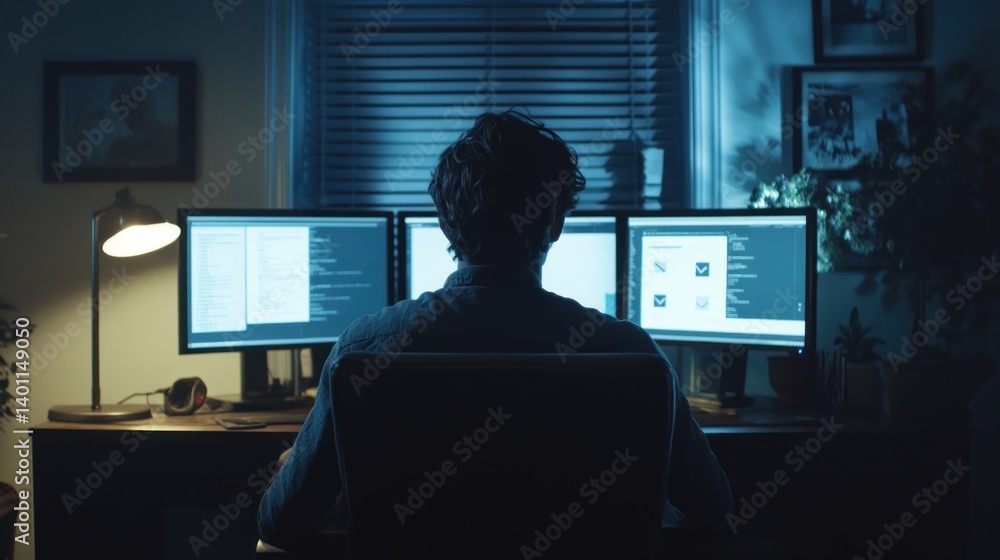Man Working at Home Late Night with Multiple Computer Screens Man Working at Home Late Night with Multiple Computer Screens