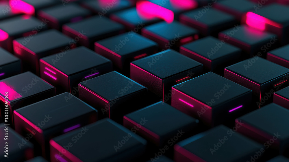 Close-Up Images of Black Computer Keyboard Keys with Neon Pink and Blue Lights Flare Close-Up Images of Black Computer Keyboard Keys with Neon Pink and Blue Lights Flare