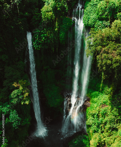 Majestic aerial shot of a cascading waterfall in a lush rainforest, with mist rising from the water and dense greenery surrounding the scene , Bali, Indonesia