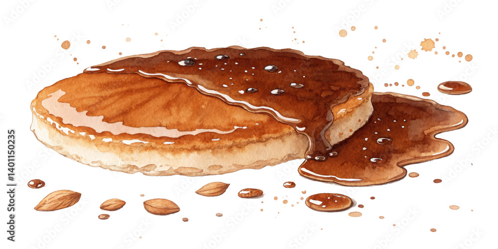 Fototapeta premium Watercolor Pancake with Caramel Sauce and Almonds, Isolated on Transparent Background, Dessert Illustration, Food Clipart, Pancake, Caramel, Dessert