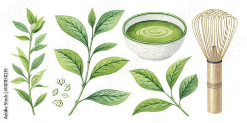 Watercolor Matcha Tea Set Leaves, Whisk, Cup, Isolated on Transparent Background, illustration, matcha, Green tea, botanical, Japanese