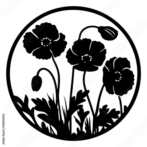Round silhouette design of blooming poppies- Black and white circular illustration showing three blooming poppy flowers with buds and leaves, styled as a bold floral silhouette