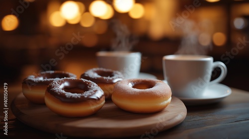 Four Realistic Donuts with Hot Coffee Tempting Dessert Shot for Social Media photo
