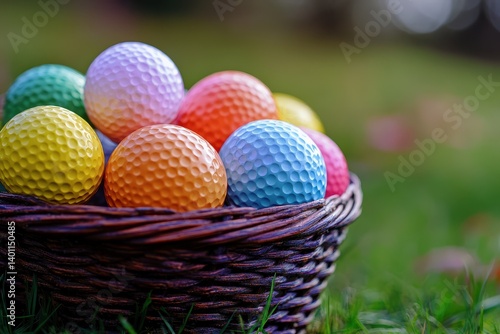 Colorful golf balls in an Easter basket, surrounded by colorful eggs, all set on a bed of green grass inside an Easter bucket, against a wooden background. 