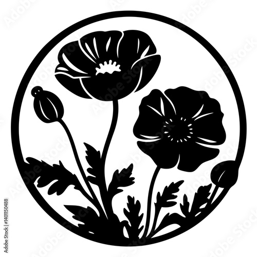 Silhouette of poppy flowers and buds in circle- Black silhouette illustration of two blooming poppy flowers with leaves and buds, enclosed neatly inside a circular decorative frame