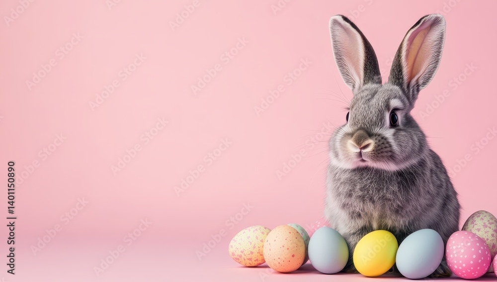 Fototapeta premium Easter banner with copy space. A cute gray rabbit sits next to Easter eggs and spring flowers on a pink background