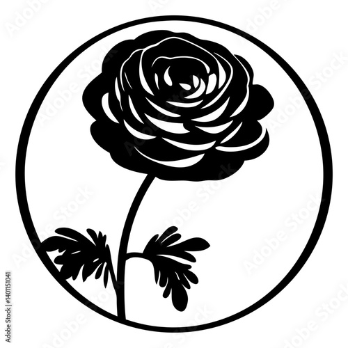 Silhouette of single rose flower in circle- Black silhouette artwork of a single blooming rose with simple leaves, enclosed inside a round circular decorative frame