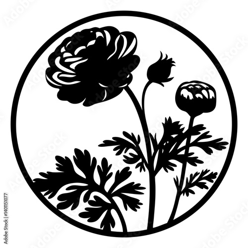 Silhouette of blooming flower and buds in circle- Elegant black silhouette illustration of a blooming flower with two buds and leafy stems, enclosed inside a circular decorative frame