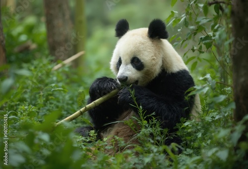 Panda Eating Bamboo in a Forest Setting