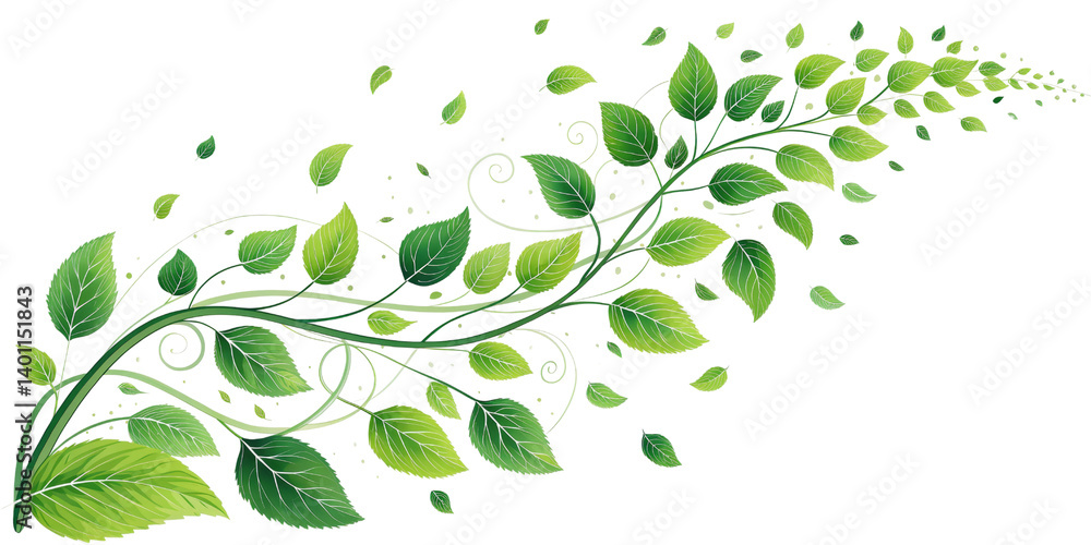 Obraz premium Green Vine Leaves, Ornate Swirl Design, Isolated on Transparent Background, Nature Illustration, foliage, plant,