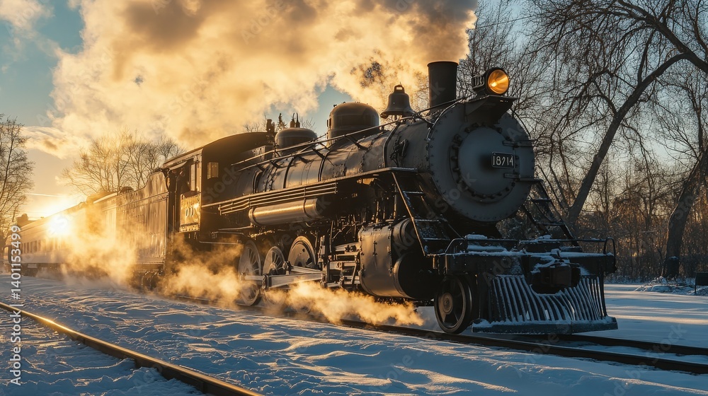 Obraz premium Majestic Vintage Steam Train Chugging Through Snowy Landscape with Radiant Sunset in Background, Capturing the Essence of Winter Travel and Nostalgia