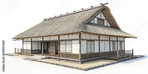 3D Model of Japanese Farmhouse with Thatched Roof, Isolated on Transparent Background, Architectural Design, Asian House, Japanese Architecture, 3D Rendering, Farmhouse