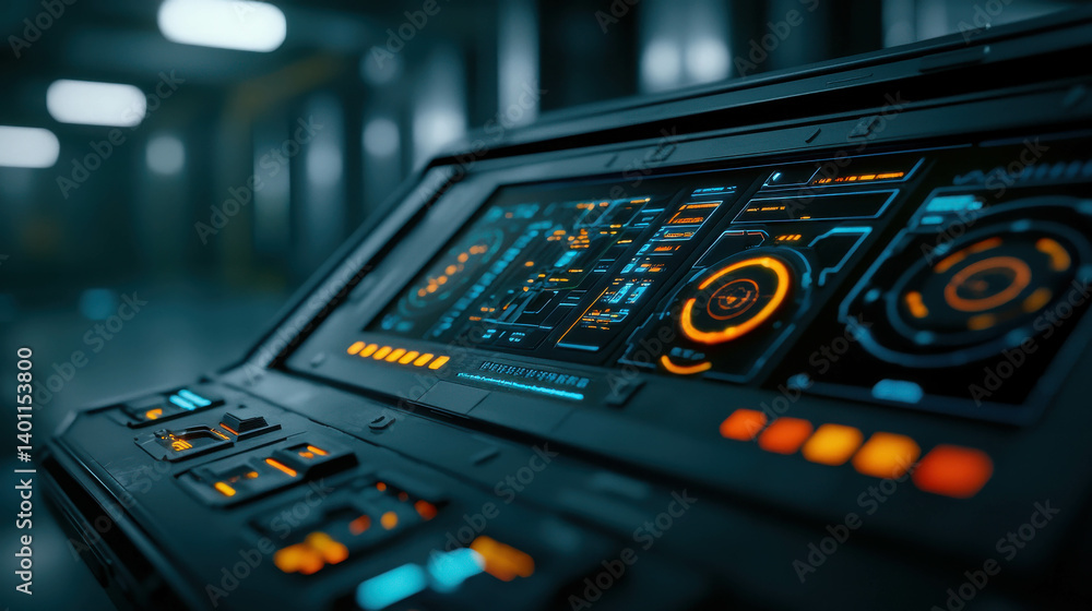 Obraz premium Futuristic Control Panel with High-Tech Interface Displaying Data and Settings in Dim Environment