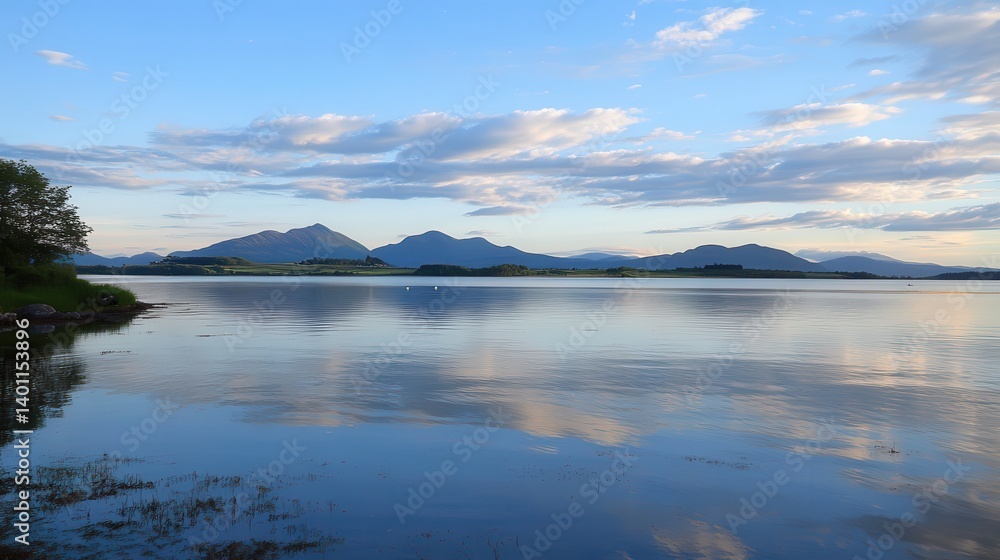 Calm lake sunset, mountain reflection, tranquil scene, travel poster Calm lake sunset, mountain reflection, tranquil scene, travel poster