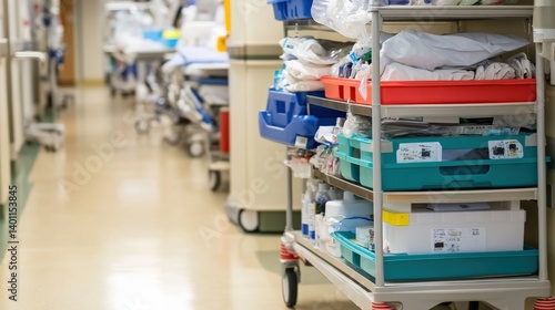 Medical Equipment and Supplies on Trolleys in a Hospital Corridor, Showcasing Organized Healthcare Tools and Facilities for Patient Care and Treatment Efficiency