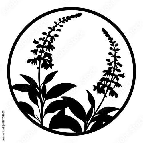 Floral silhouette with tall wildflowers in circular frame- Black botanical silhouette artwork featuring two tall wildflowers with leaves, enclosed in a round circle frame 