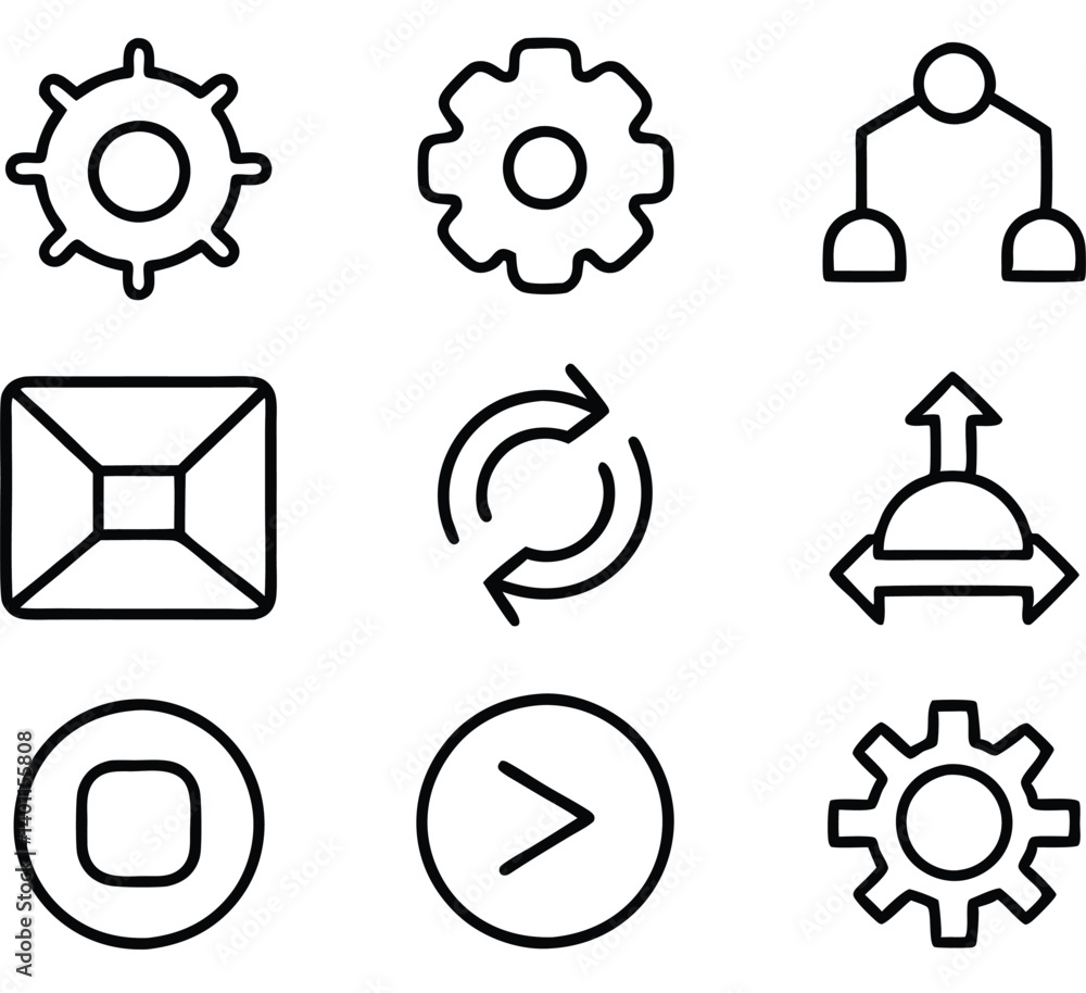 Essential icons: Minimalistic monochrome icons conveying functionality, technology and system concepts for modern UI/UX design. Essential icons: Minimalistic monochrome icons conveying functionality, technology and system concepts for modern UI/UX design.
