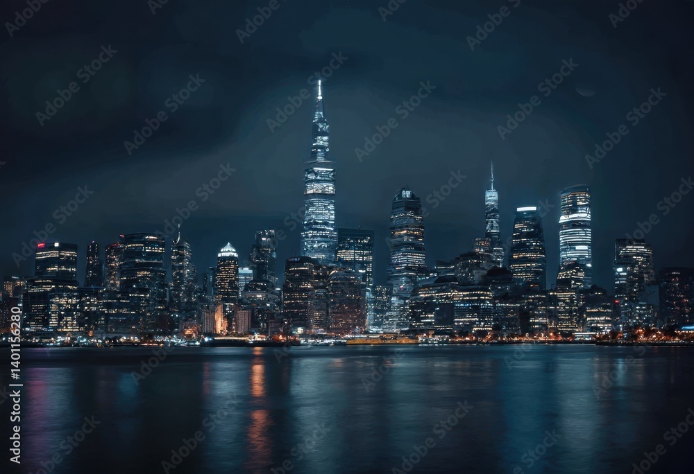 Obraz premium Nighttime Cityscape with Skyscrapers and Waterfront