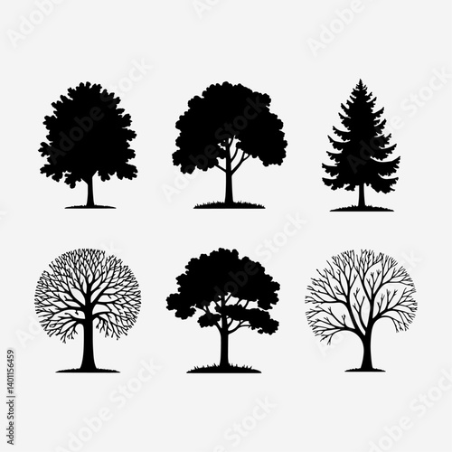 Set of Tree Silhouettes – Vector Collection of Forest, Park and Garden Elements in Black and White