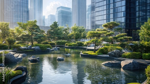 Urban oasis amidst skyscrapers. Lush greenery surrounds a tranquil pond, nestled in the heart of a modern city.  A serene, tranquil escape in the urban jungle