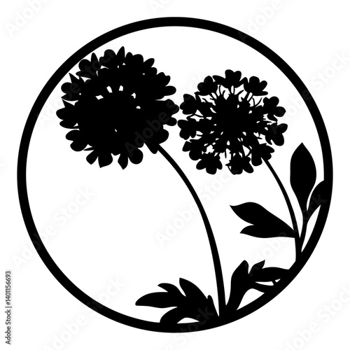 Botanical flower silhouette inside circular frame- Black silhouette of two blooming flowers with leaves enclosed in a round circle frame, perfect for decorative artwork, patterns, and logos