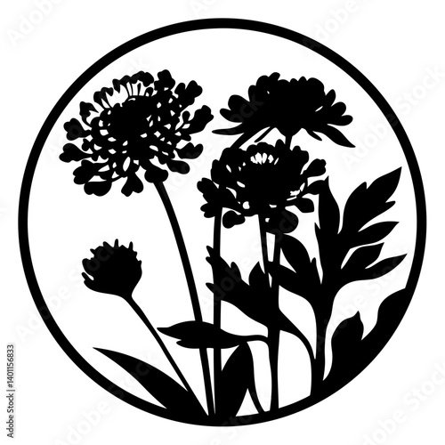 Wildflower silhouette artwork inside circular frame- Black silhouette of blooming wildflowers with leaves and stems enclosed in a round circle frame, suitable for decorative artwork, logos, or pattern