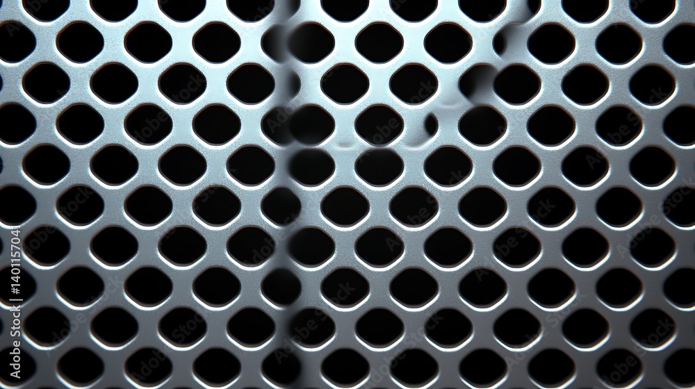 Silver Metallic Grid Pattern: Macro View of Perforated Metal Sheet with Round Holes for Modern Industrial Design Aesthetic, Abstract Background. Silver Metallic Grid Pattern: Macro View of Perforated Metal Sheet with Round Holes for Modern Industrial Design Aesthetic, Abstract Background.