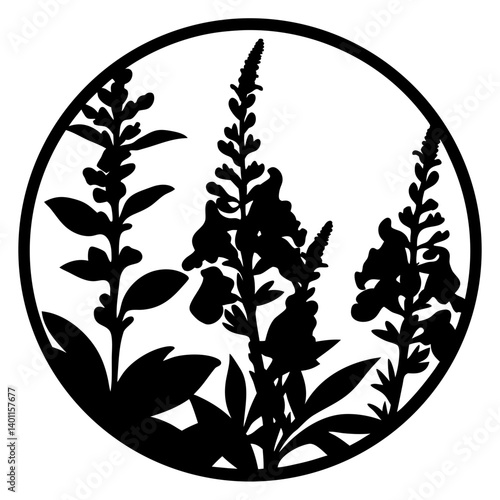 Wildflower silhouette artwork in circular frame- Botanical black and white silhouette illustration of tall wildflowers enclosed within a round border, perfect for decoration or artistic design