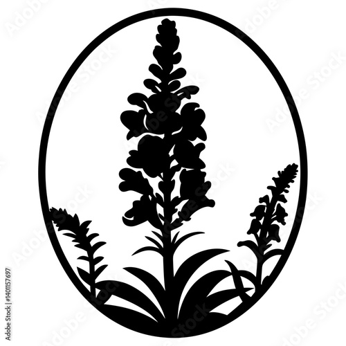 Silhouette of wildflowers inside oval frame- Black floral silhouette artwork featuring tall blooming wildflowers enclosed in an oval border, suitable for decoration, design, or botanical themes