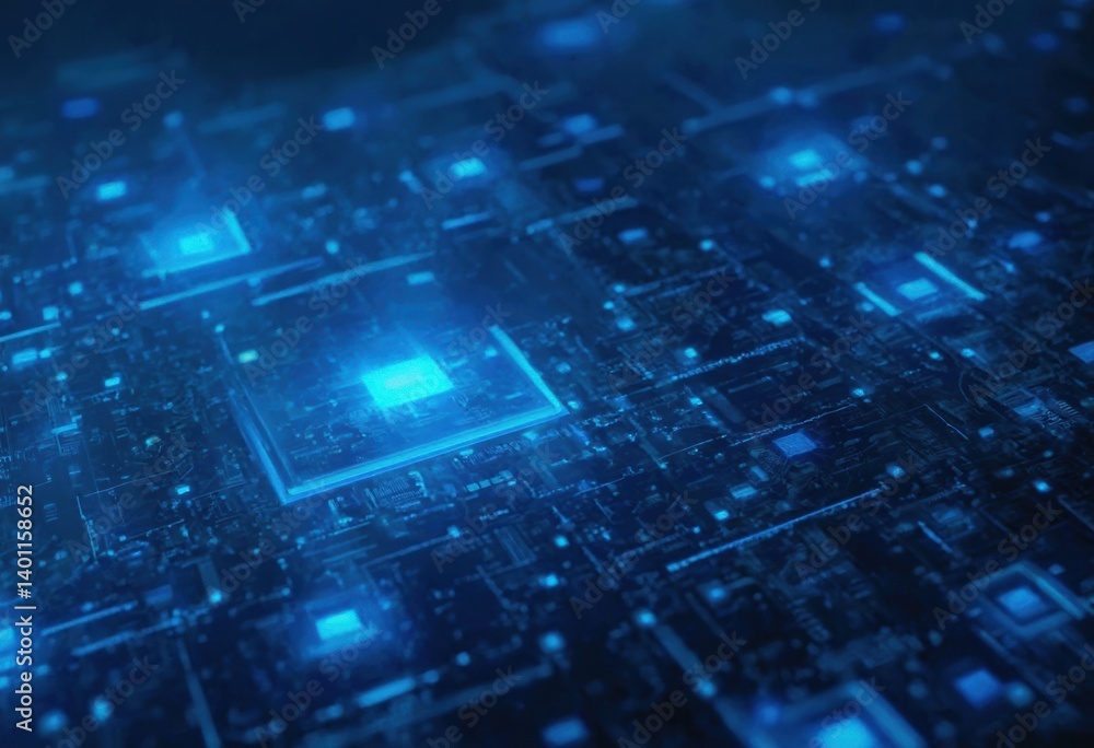 Abstract Image of Microchip Circuitry with Blue Hues and Glowing Elements Abstract Image of Microchip Circuitry with Blue Hues and Glowing Elements