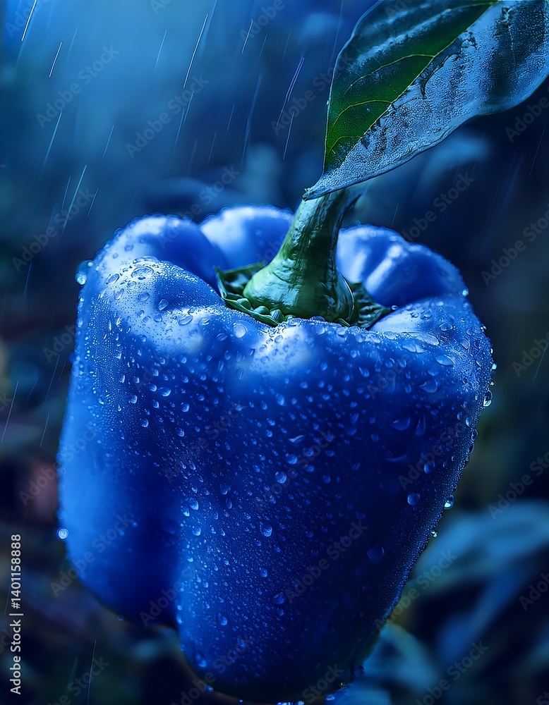 Blue Bell Pepper With Leaf in Artistic Rain Surrounded by Droplets. AI Generative