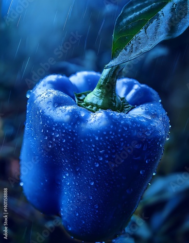 Obraz na płótnie Blue Bell Pepper With Leaf in Artistic Rain Surrounded by Droplets. AI Generative w salonie