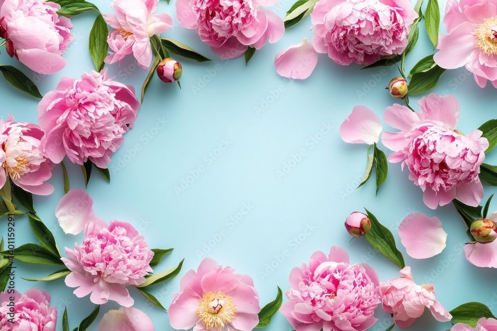 A beautiful composition of peonies surrounding an empty space, perfect for designing personalized wedding or Mother's Day invitations.
