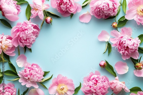 Obraz na płótnie A beautiful composition of peonies surrounding an empty space, perfect for designing personalized wedding or Mother's Day invitations. w salonie