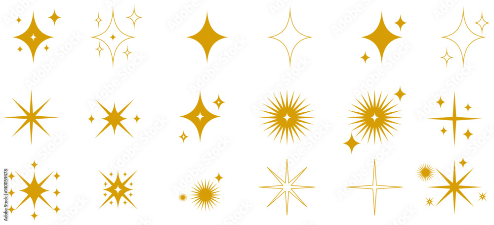 Gold sparkle stars icon collection. Set of golden star icons in different style web elements. Shiny twinkle yellow stars for decoration Gold sparkle stars icon collection. Set of golden star icons in different style web elements. Shiny twinkle yellow stars for decoration
