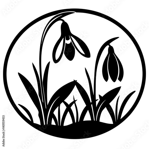 Snowdrop flower silhouette inside circular frame- Black and white floral silhouette artwork showing two snowdrop flowers with grass and leaves enclosed in a round decorative border