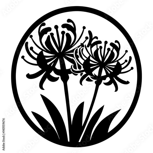 Floral silhouette illustration with circular frame- Black and white floral silhouette design featuring two blooming flowers with elongated petals and leaves enclosed in a round decorative border