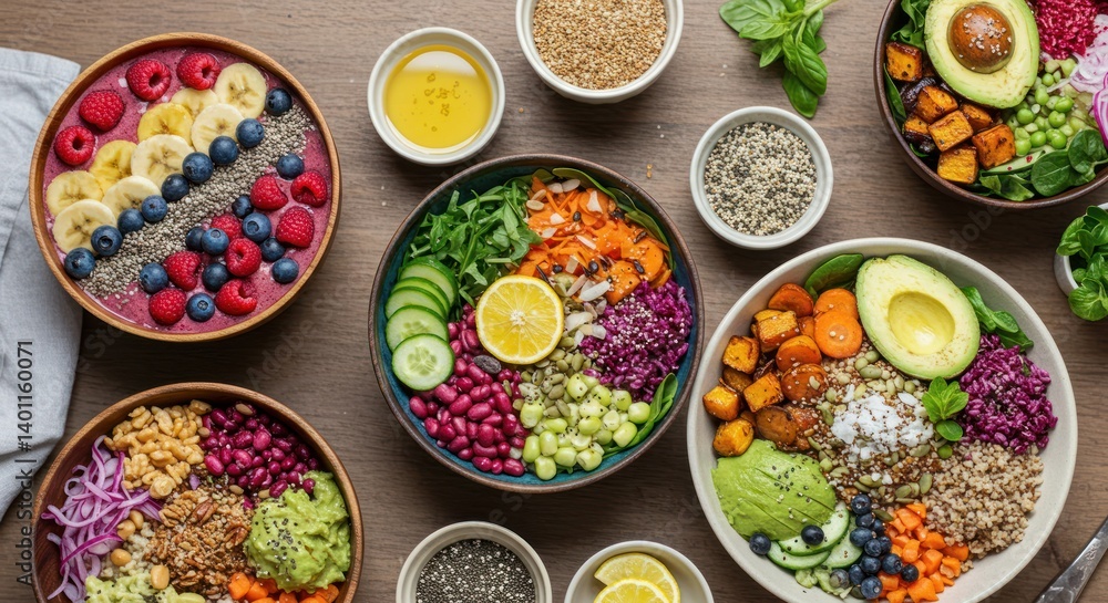 Fototapeta premium Various colorful healthy grain bowls with fruits vegetables and seeds on table.