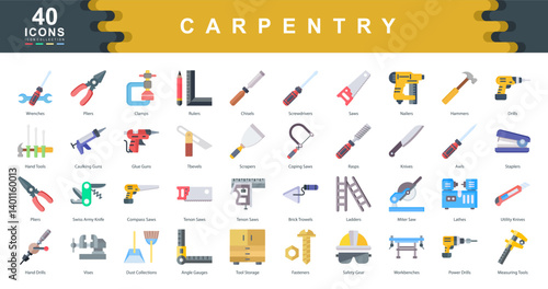 The Carpentry flat icon set showcases essential hand and power tools used in woodworking, perfect for construction projects, DIY tutorials, tool guides, and skilled trades visuals.