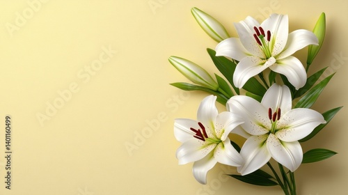 Bouquet of white lilies on pastel yellow background