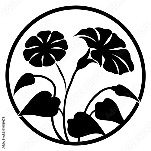 Japanese crest design with morning glory flowers- Black and white circular emblem featuring stylized morning glory flowers and leaves in traditional Japanese crest style for decoration or logos