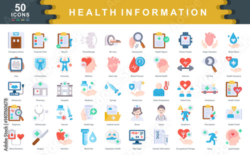 The Health Information flat icon set represents core aspects of medical records, diagnostics, and wellness monitoring, ideal for healthcare apps, insurance portals, and hospital systems.